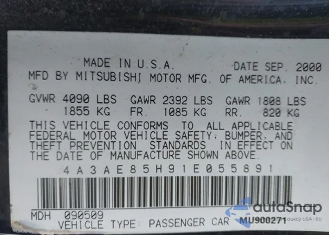 2001 Mitsubishi Eclipse Spyder Gt z USA, uszkodzony, nr VIN 4A3AE85H91E055891